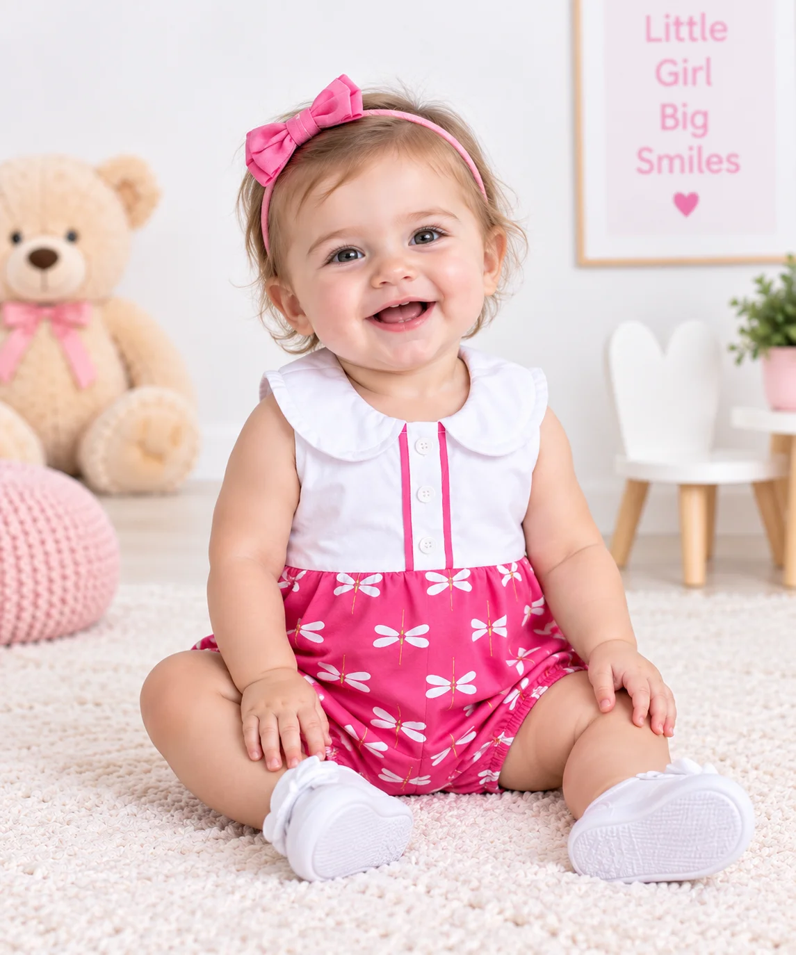 Kidex’s Baby Girls Sleeveless Dragonfly Print Romper – White & Pink color option