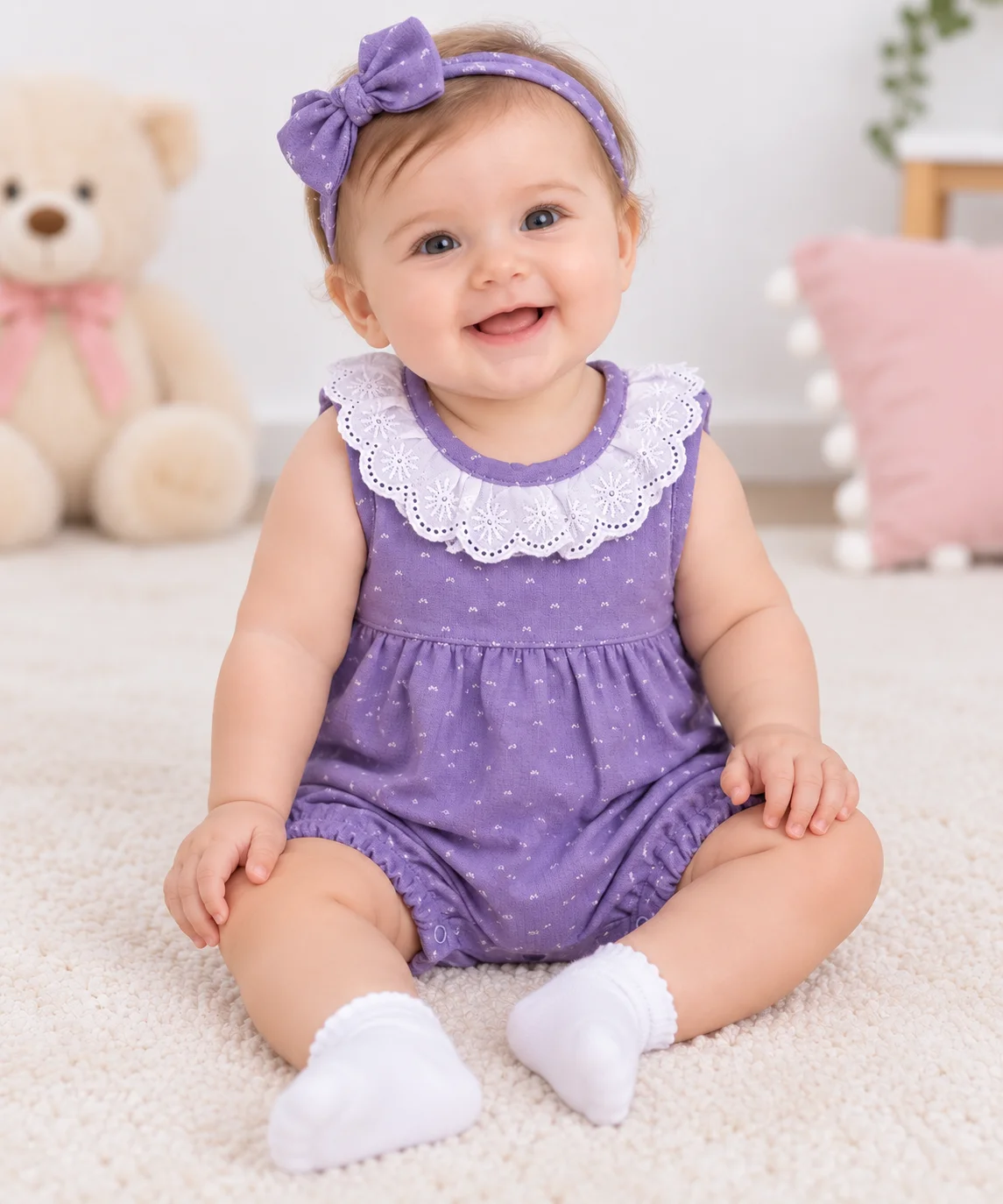 Kidex’s Baby Girls Sleeveless Dotted Romper with Lace Collar – Purple