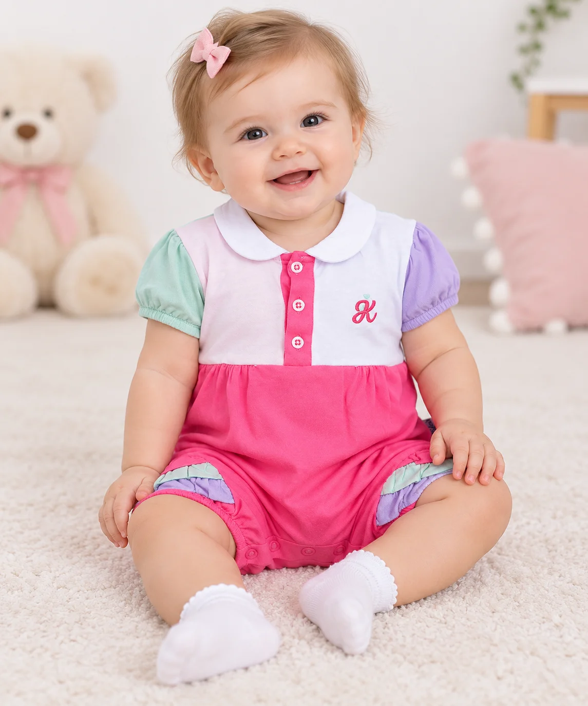 Kidex’s Baby Girls Color Block Short-Sleeve Romper – Pink, White, Mint & Lilac