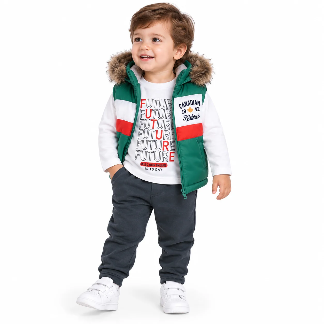 Kidex's Kids 3-Piece T-Shirt, Hooded Jacket & Pants Set + FUTURE Print + Cotton + White, Green & Dark Gray / 3-Piece