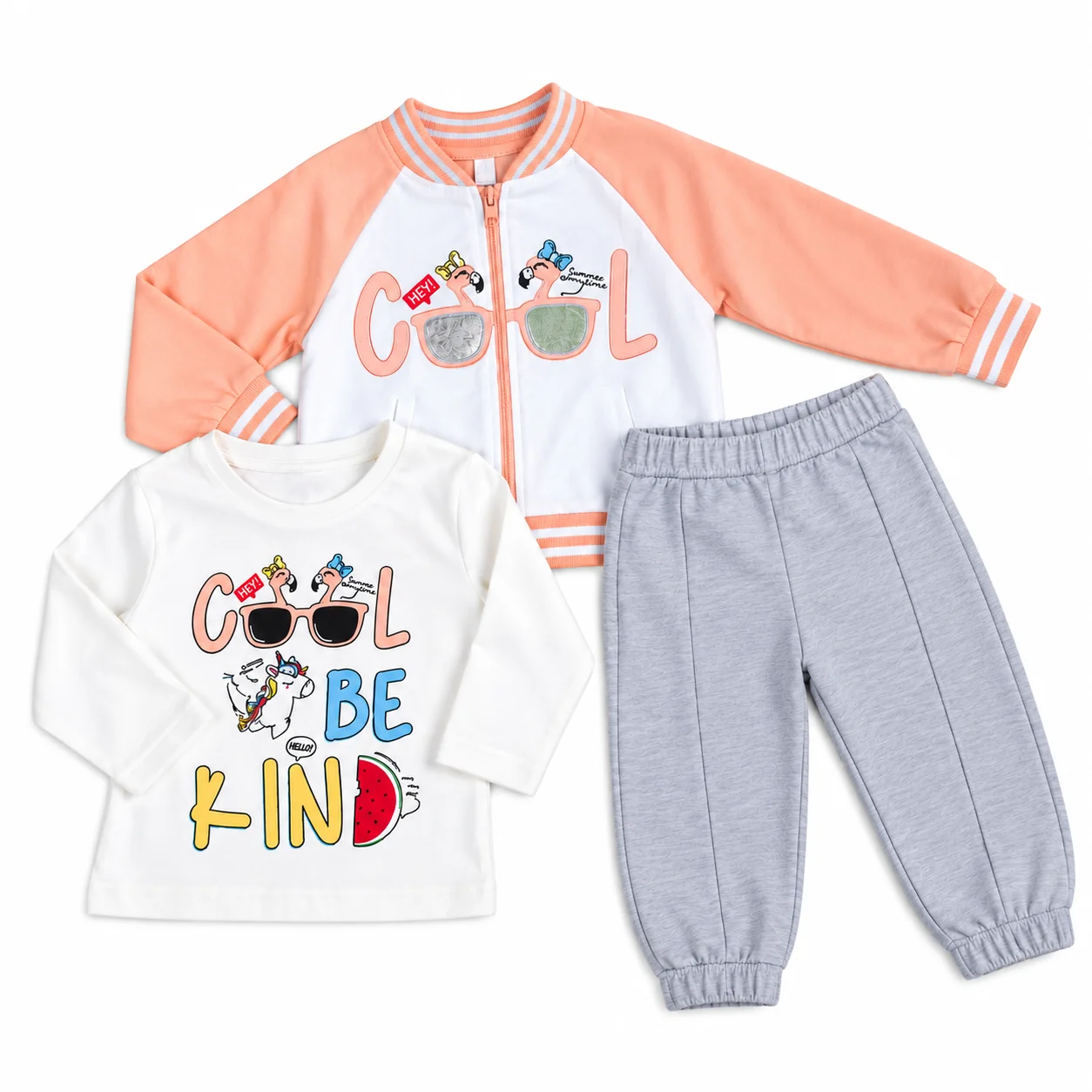 Kidex's Kids 3-Piece T-Shirt, Jacket & Pants Set + Printed Design + Cotton + White, Peach & Gray / 3-Piece color option