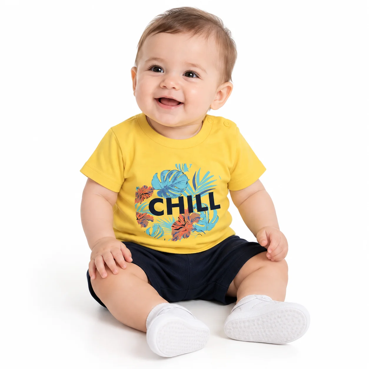 Kidex's Kids T-Shirt & Shorts Set + CHILL Print + Cotton + Yellow & Navy / 2-Piece color option