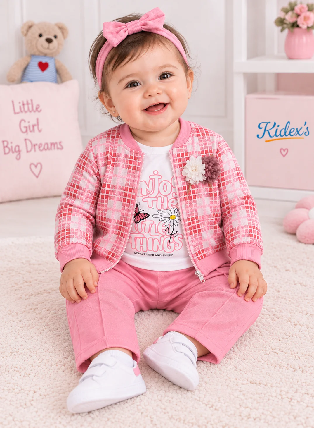 Kidex’s Girls’ 3-Piece Outfit Set – White Printed Top, Pink Checkered Cardigan & Pink Pants color option