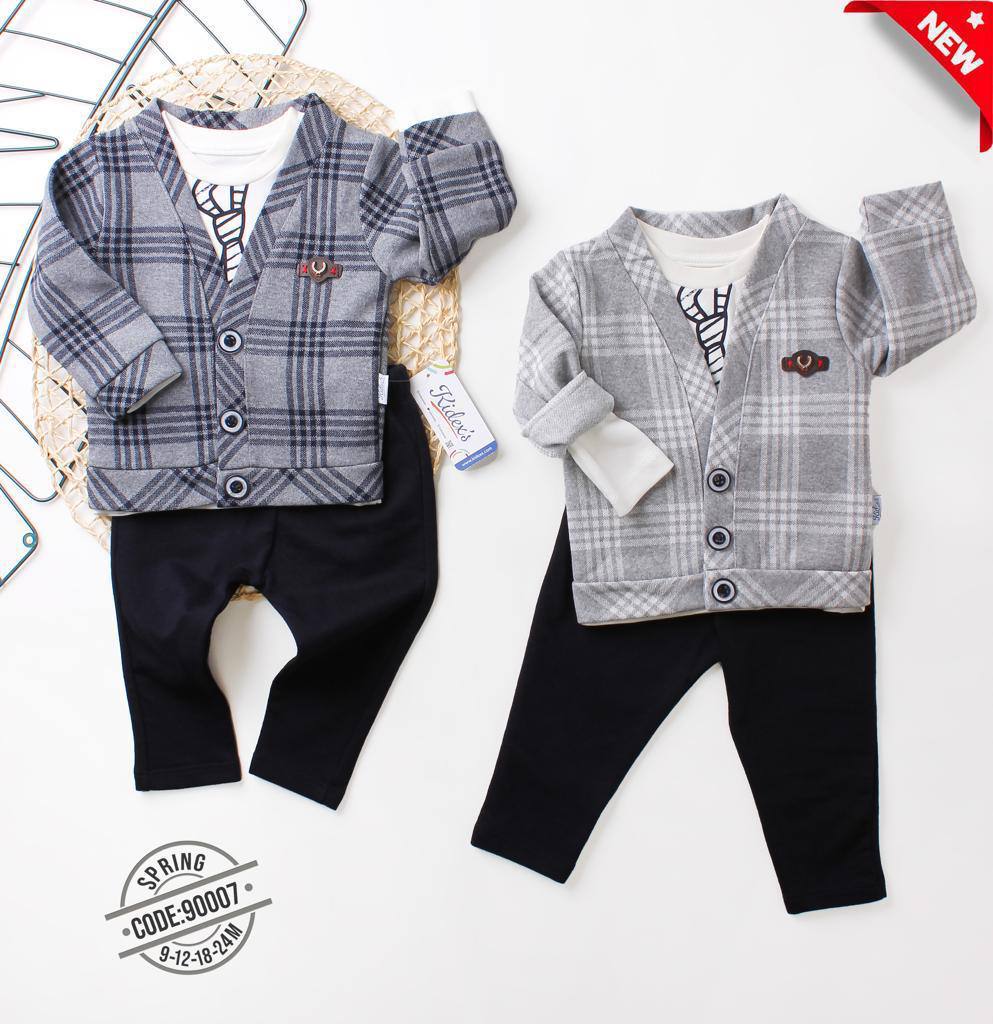 3 Piece Baby Boy Suit: Plaid Coat, T- Shirt & Trouser
