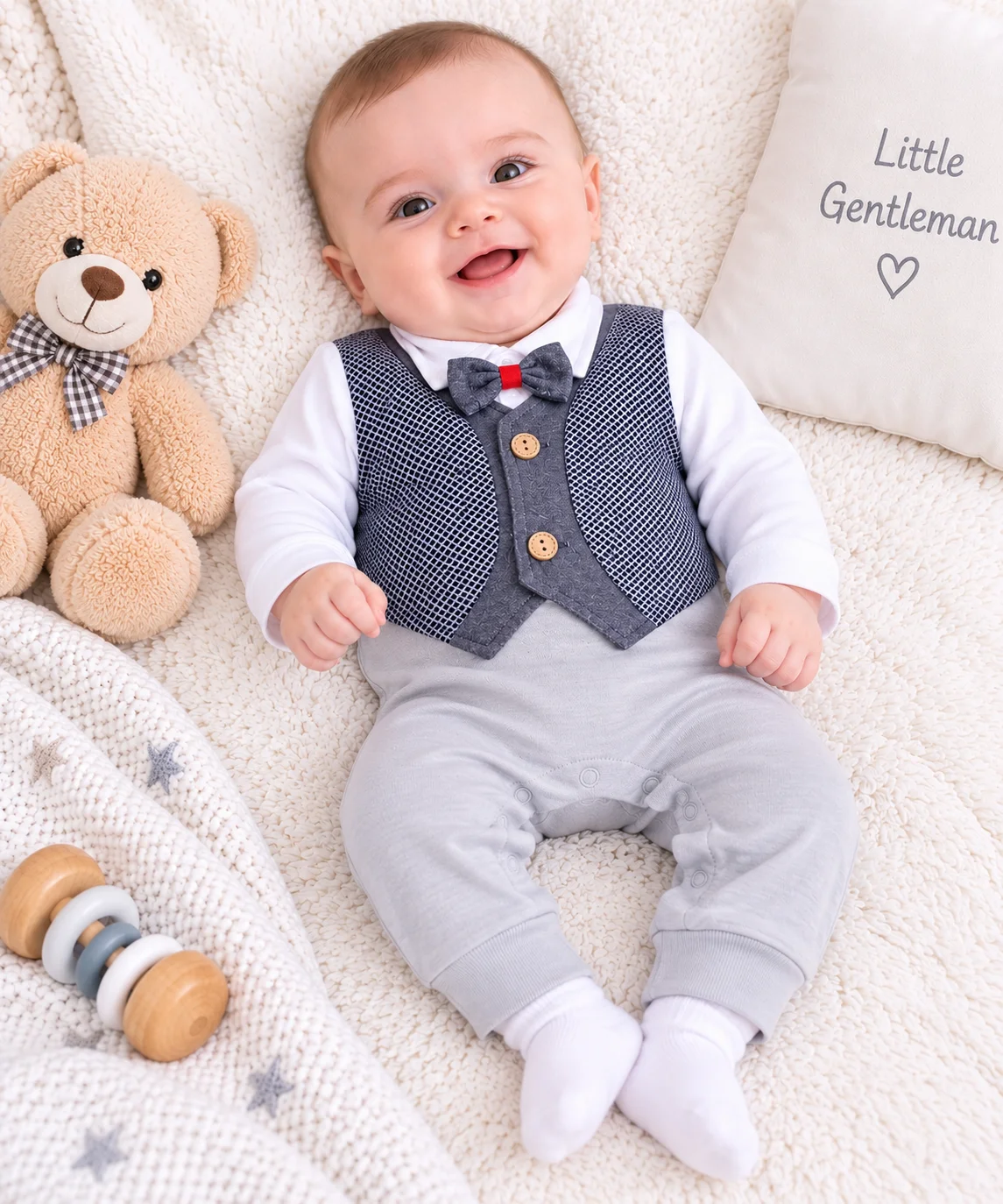Kidex’s Baby Boy Formal Romper with Vest & Bow Tie – White & silver