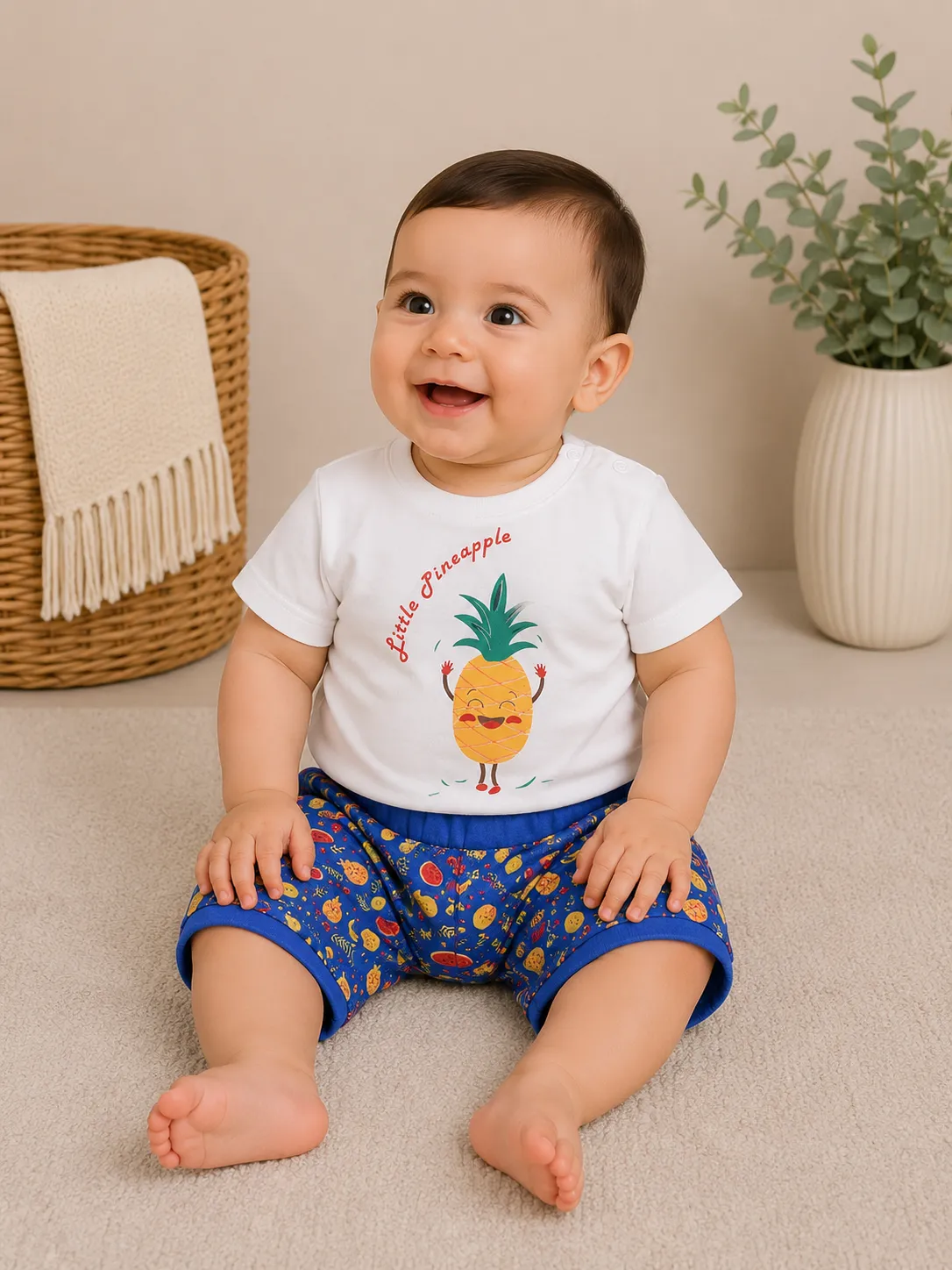 Kidex’s Kids Pineapple Print T-Shirt & Fruit Print Shorts Set – white & Blue