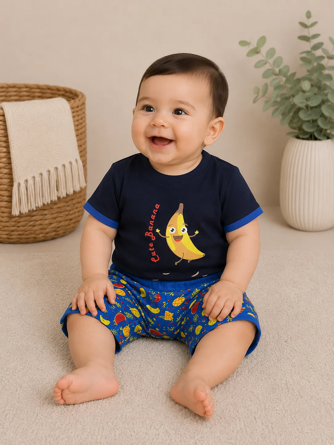 Kidex’s Baby Boys’ 2-Piece Banana Print T-Shirt & Shorts Set – black & Blue color option