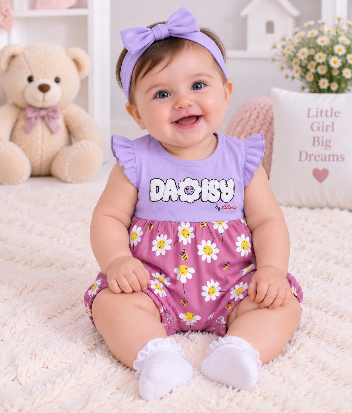 Kidex’s Girls Daisy Print Short-Sleeve Romper – purple color option