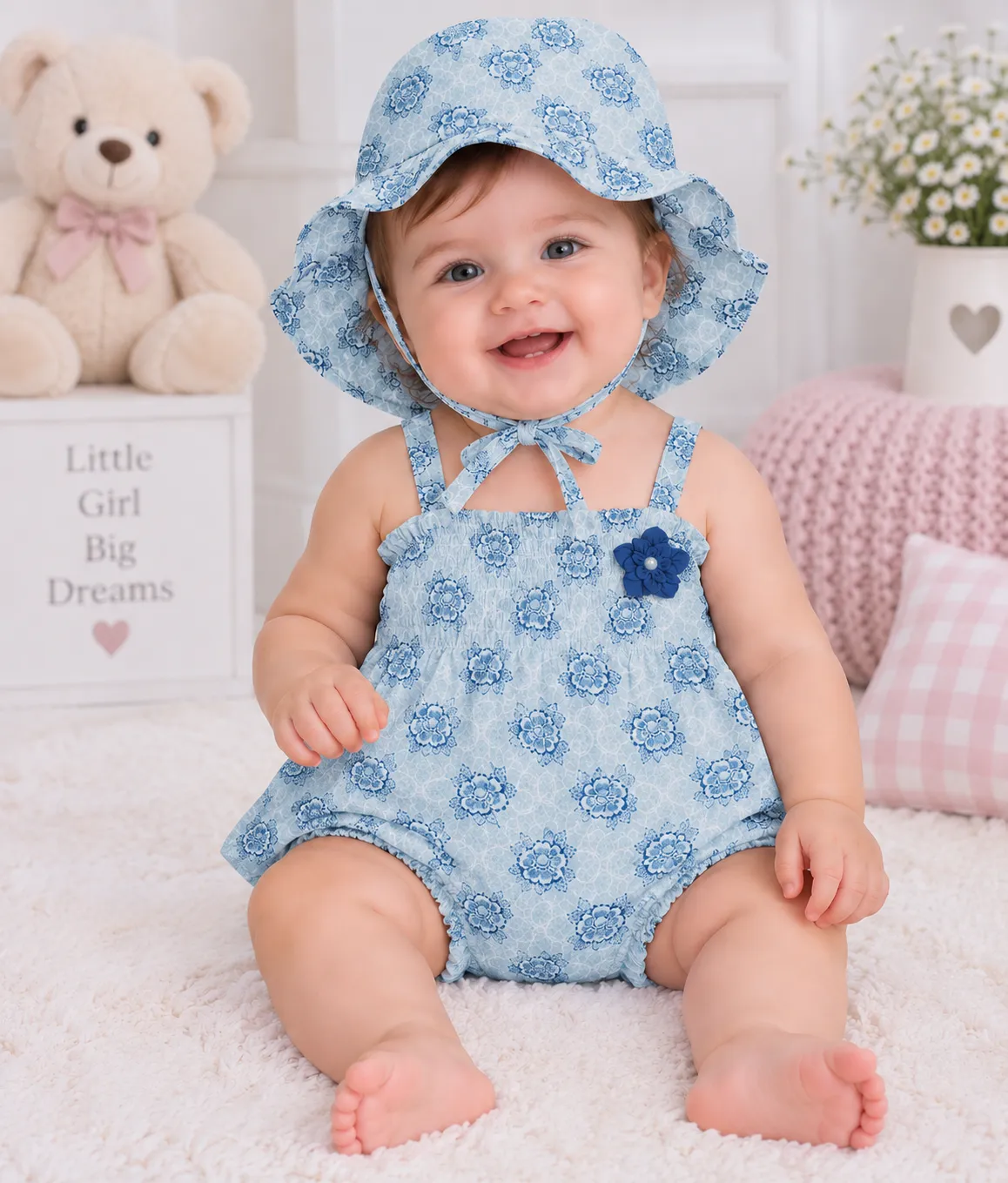 Kidex’s Baby Girls Floral Summer Romper with Matching Hat-navy