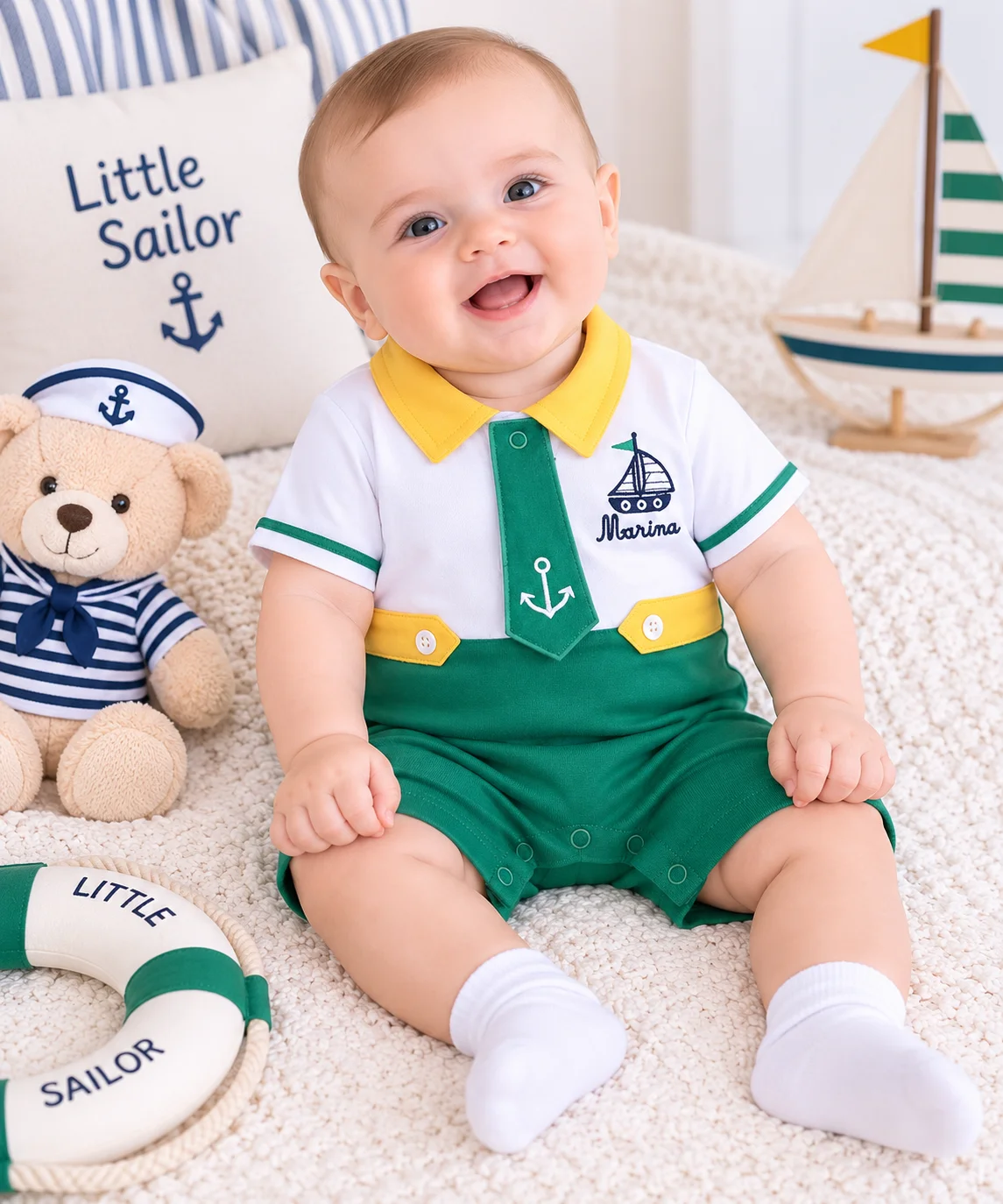 Kidex’s Baby Boy Sailor Romper with Polo Collar & Nautical Design – White, green & yellow color option