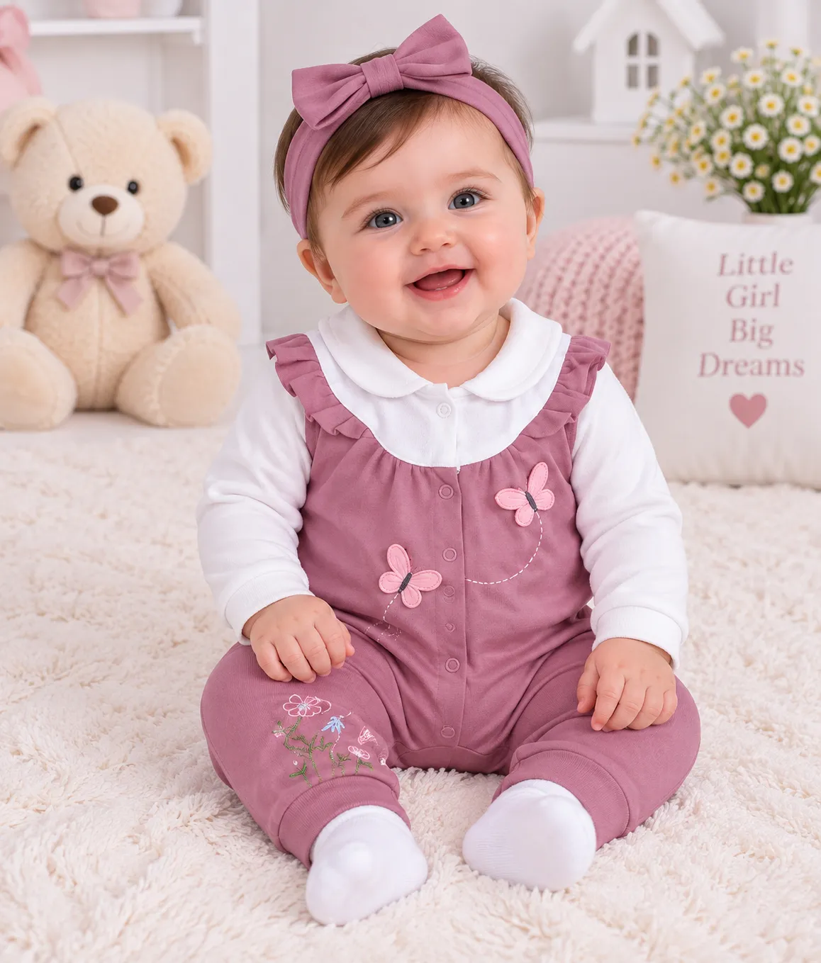 Kidex’s Baby Girls’ Long-Sleeve Butterfly Embroidered Romper – purple & White