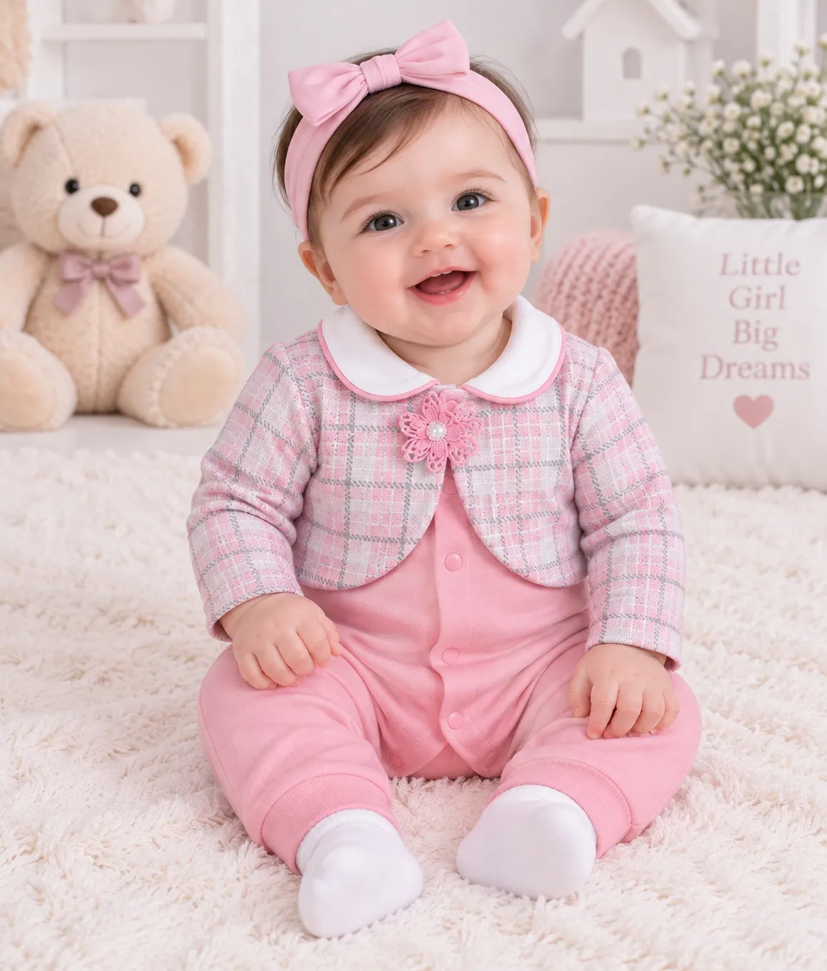 Kidex’s Baby Long-Sleeve Plaid Romper with Collar – pink