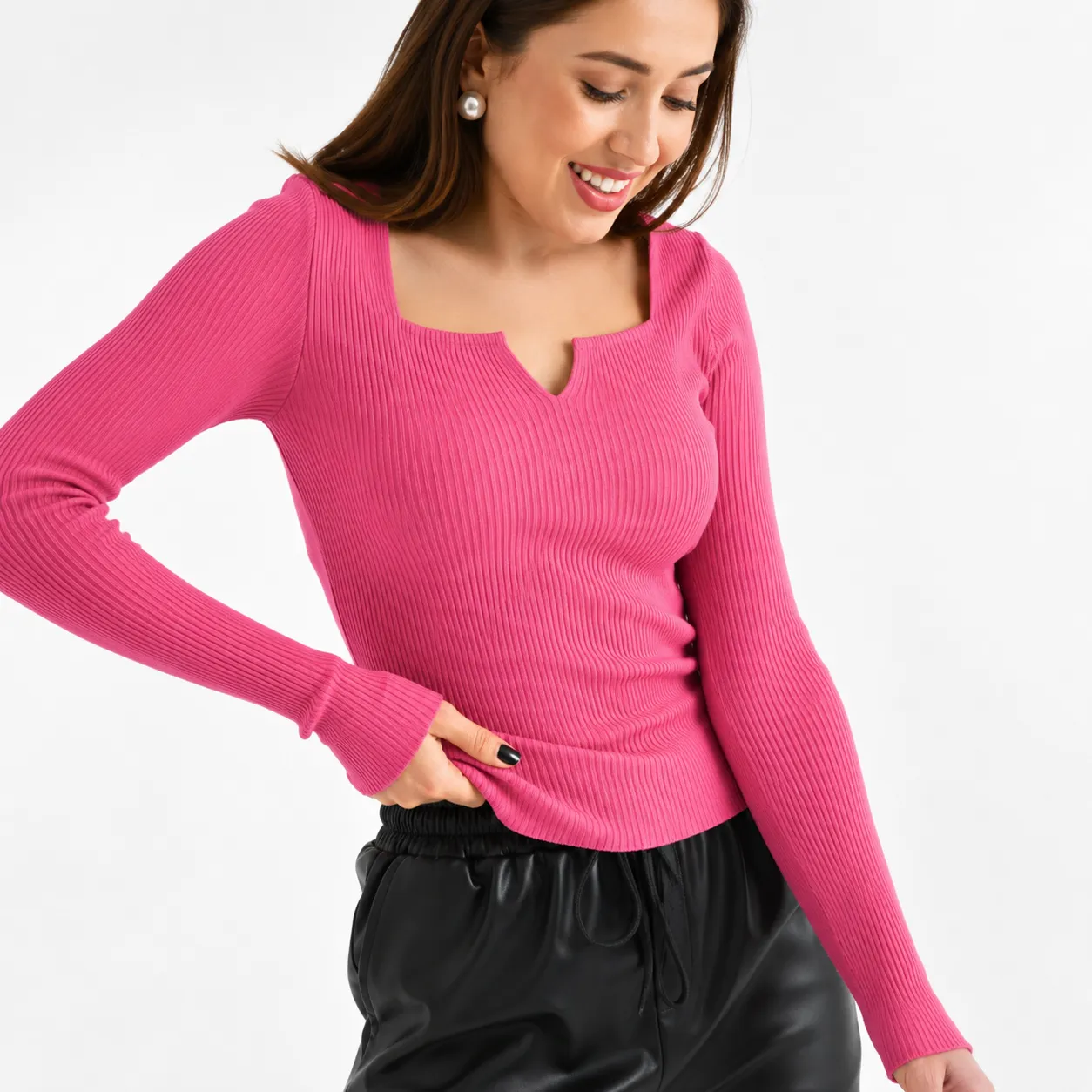Park Karon Women's Ribbed Knit Top with Square Neckline, Front Notch & Long Sleeves – pink
