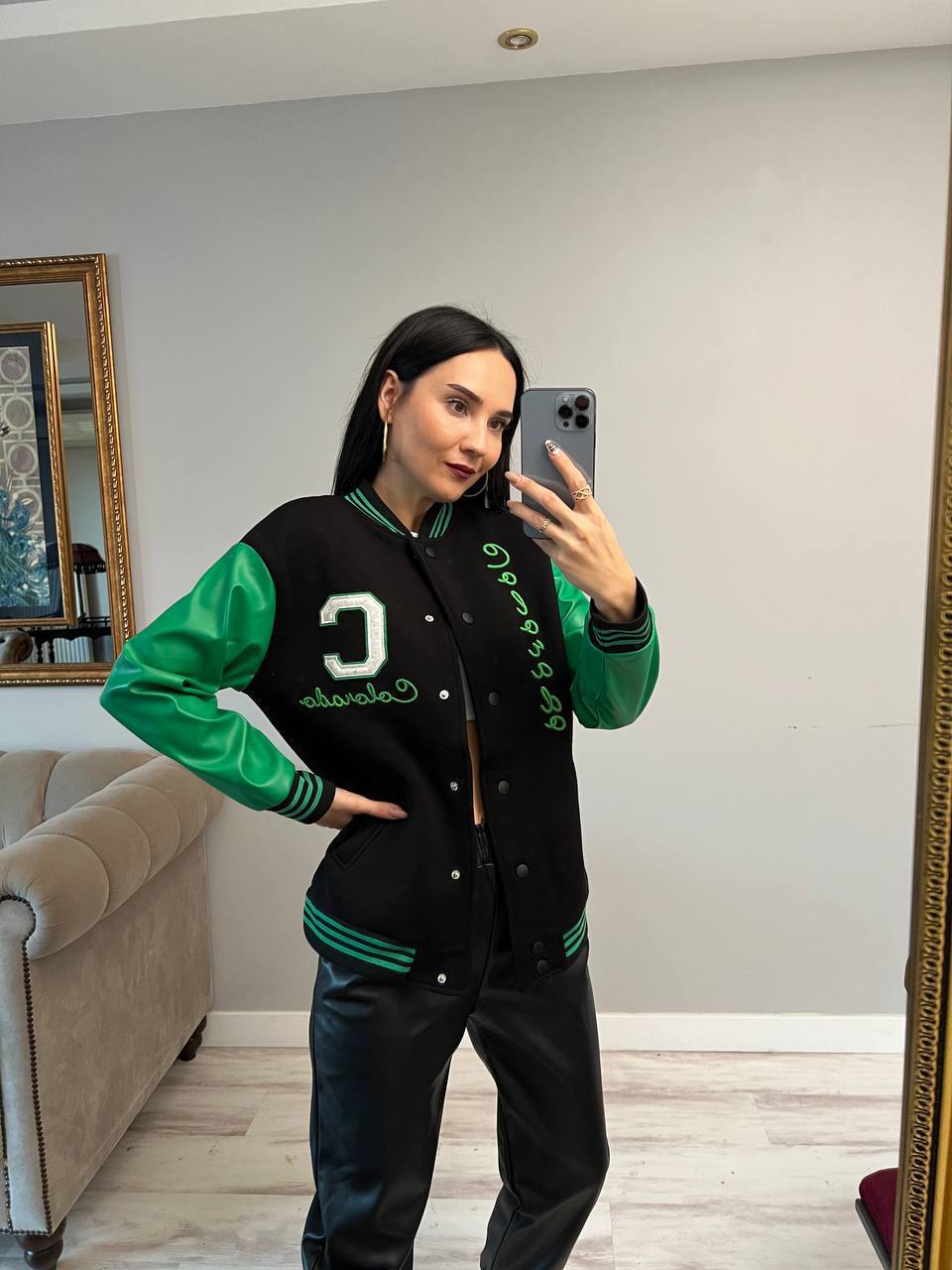 Women jacket with Leather sleeve