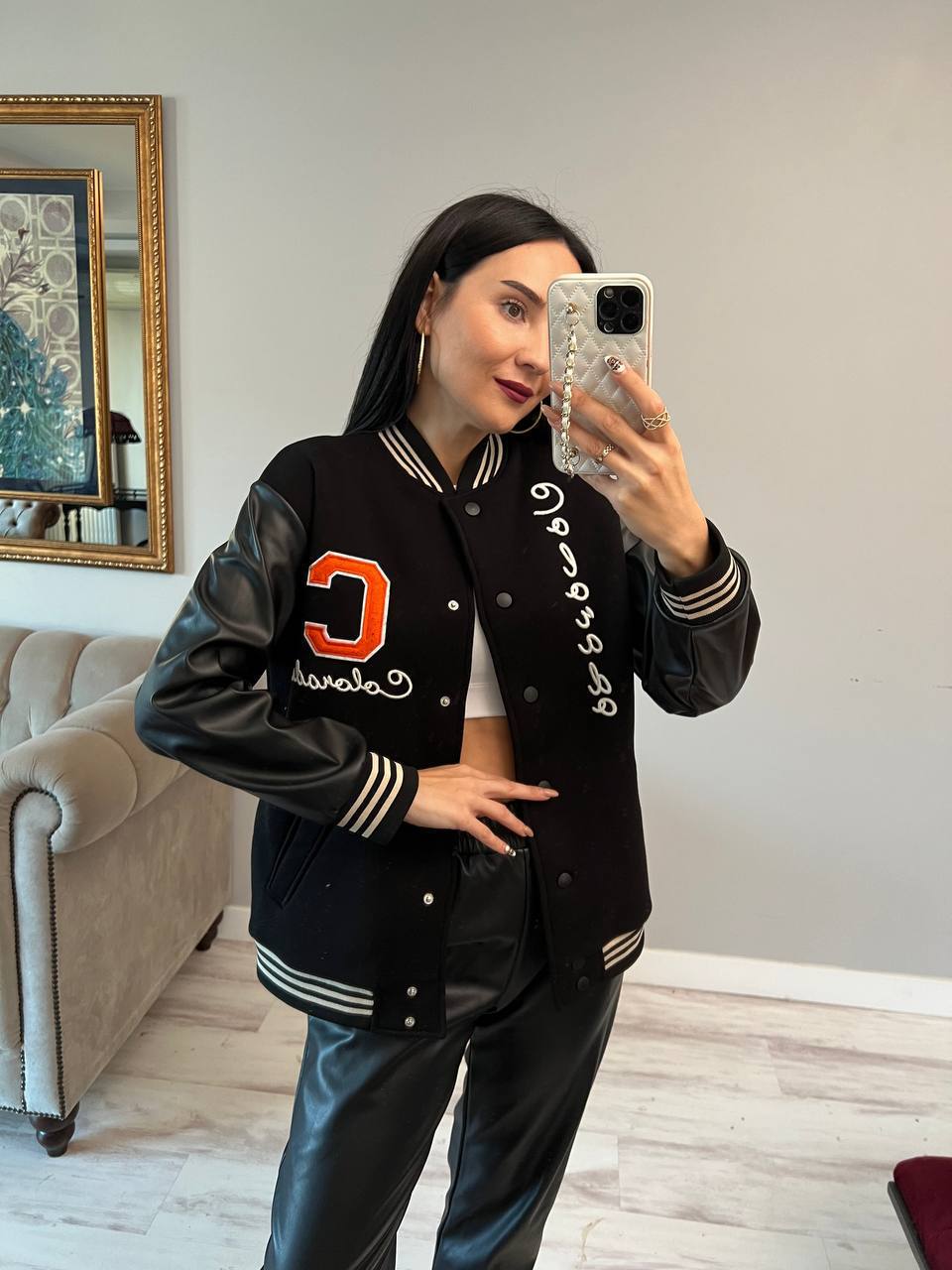 Women jacket with Leather sleeve