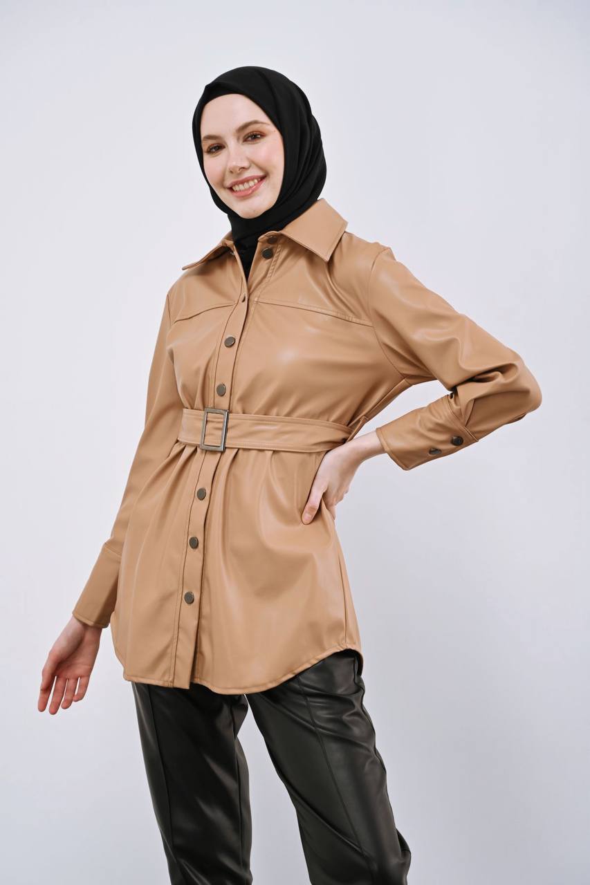 Women's Long Leather Shirt With a Belt