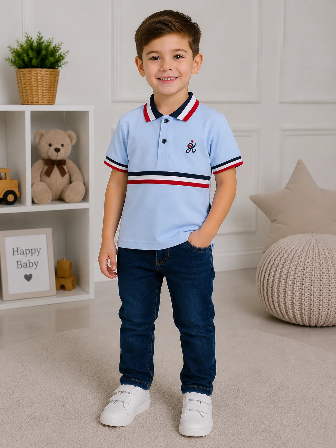 Kidex’s Boys’ Polo Shirt & Denim Pants Set – Light Blue & Navy color option