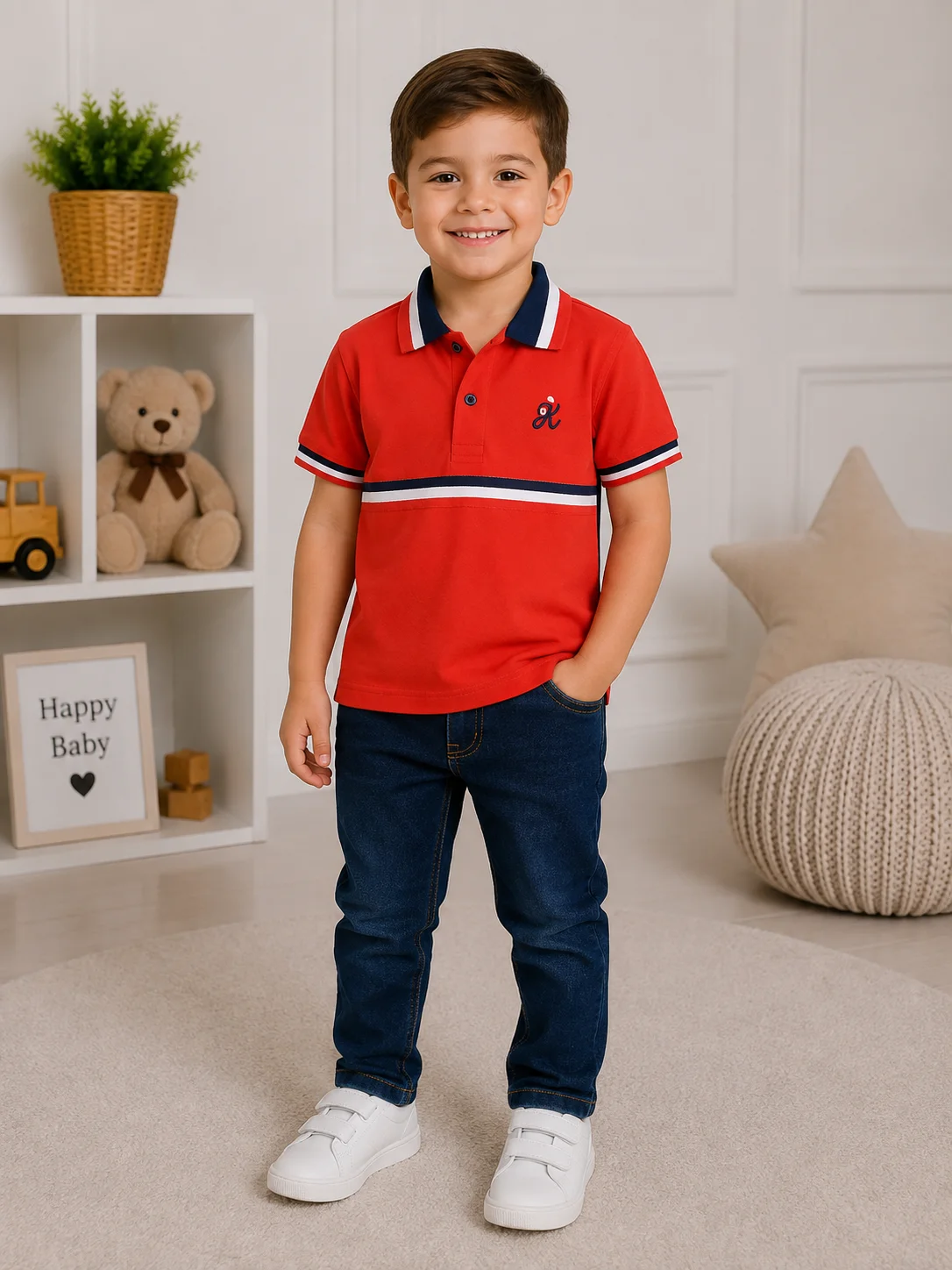 Kidex’s Boys’ Polo Shirt & Denim Pants Set – Navy Blue & Red