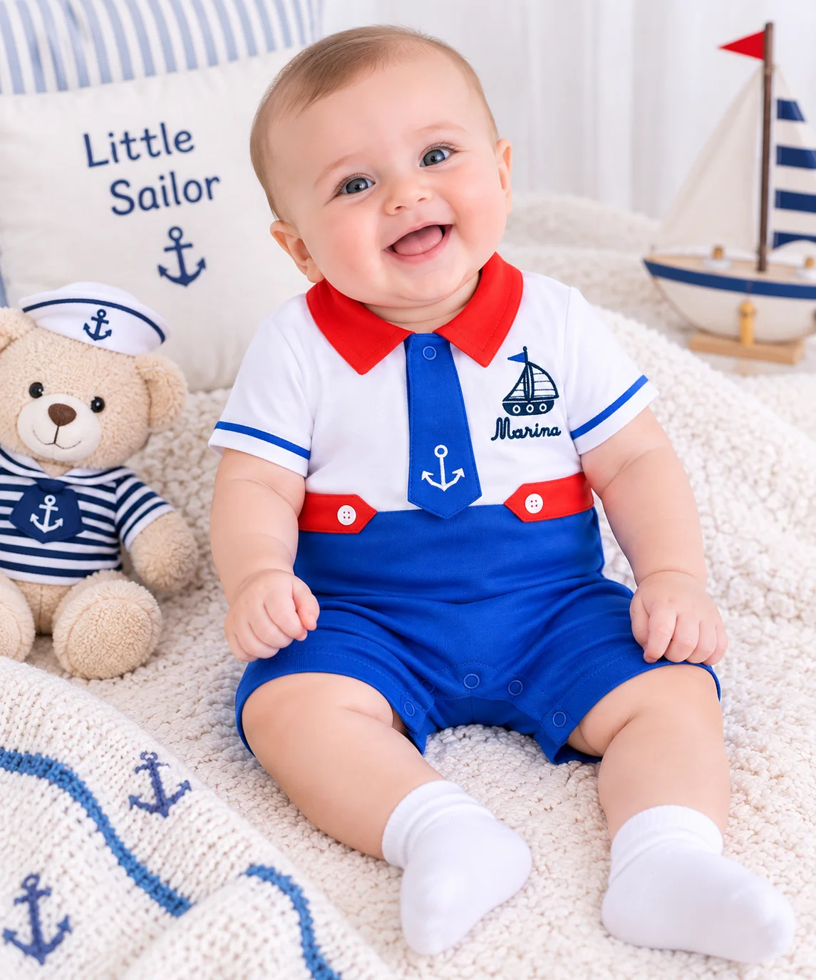 Kidex’s Baby Boy Sailor Romper with Polo Collar & Nautical Design – White, blue & Red