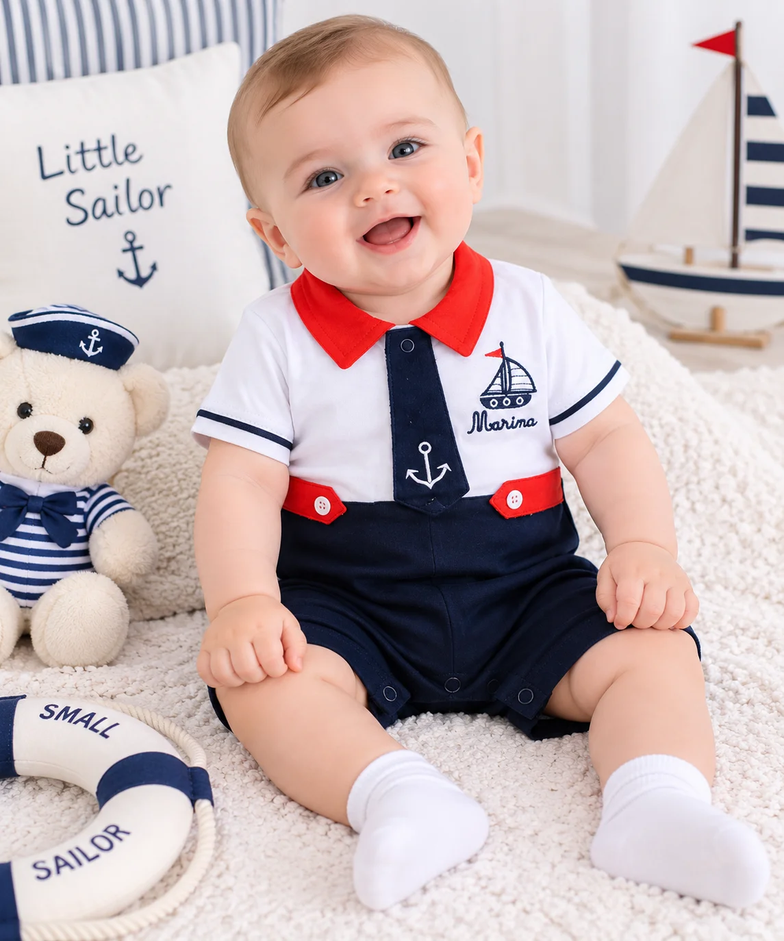 Kidex’s Baby Boy Sailor Romper with Polo Collar & Nautical Design – White, Navy & Red color option