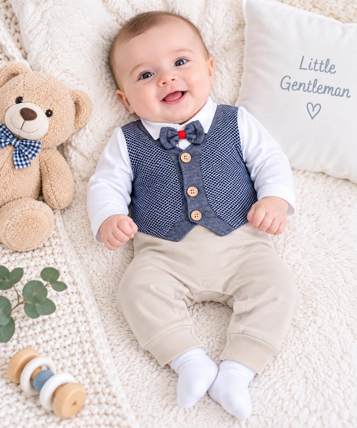 Kidex’s Baby Boys Formal Bow Tie Jumpsuit with Vest Design – White, Gray & Beige