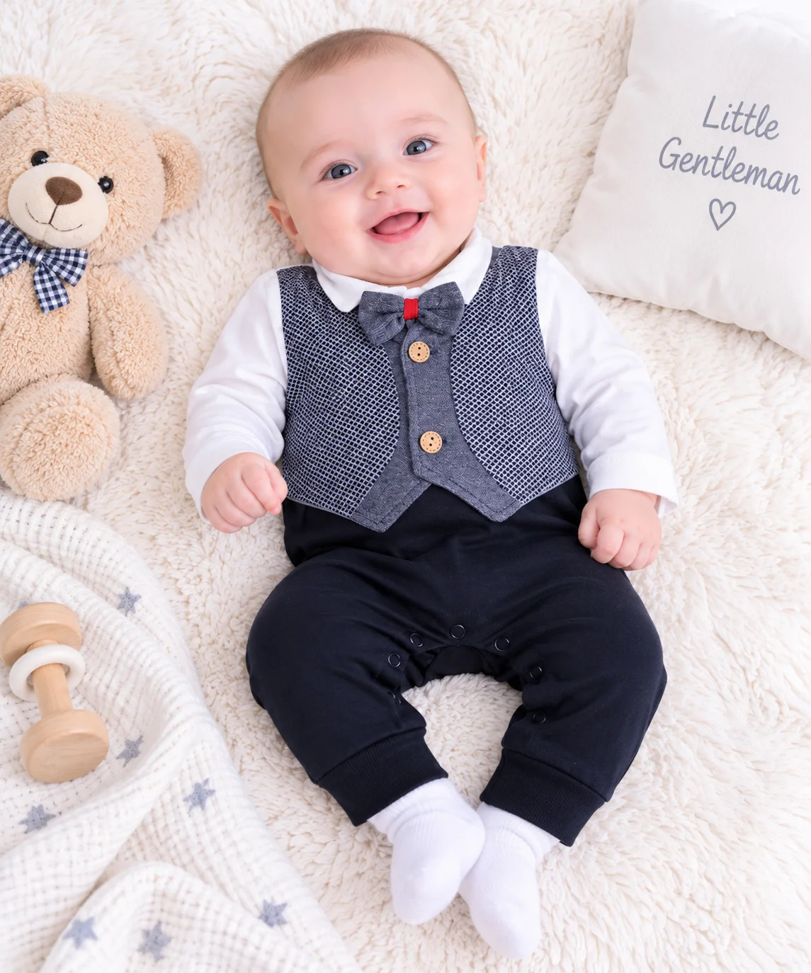 Kidex’s Baby Boys Formal Bow Tie Jumpsuit with Vest Design – White, Gray & Black color option