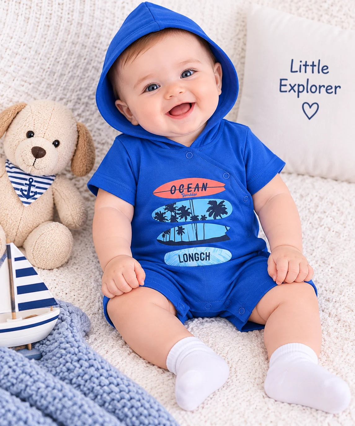 کیدێکس ڕۆمپەری منداڵان بە کڵاو و قۆڵی کورت و نەخشی تەختەی یاریی دەریا – شین color option