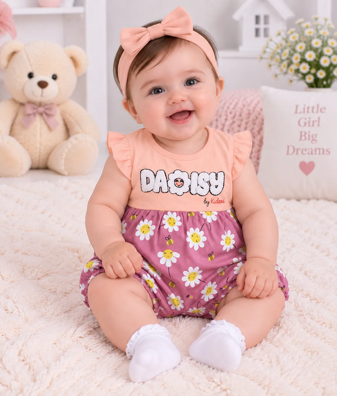 Kidex’s Girls Daisy Print Short-Sleeve Romper – peach color option