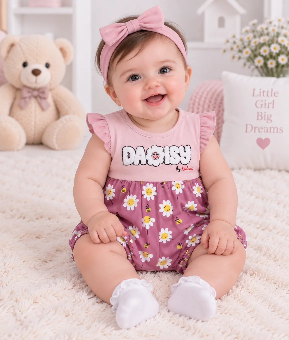 Kidex’s Girls Daisy Print Short-Sleeve Romper – Pink