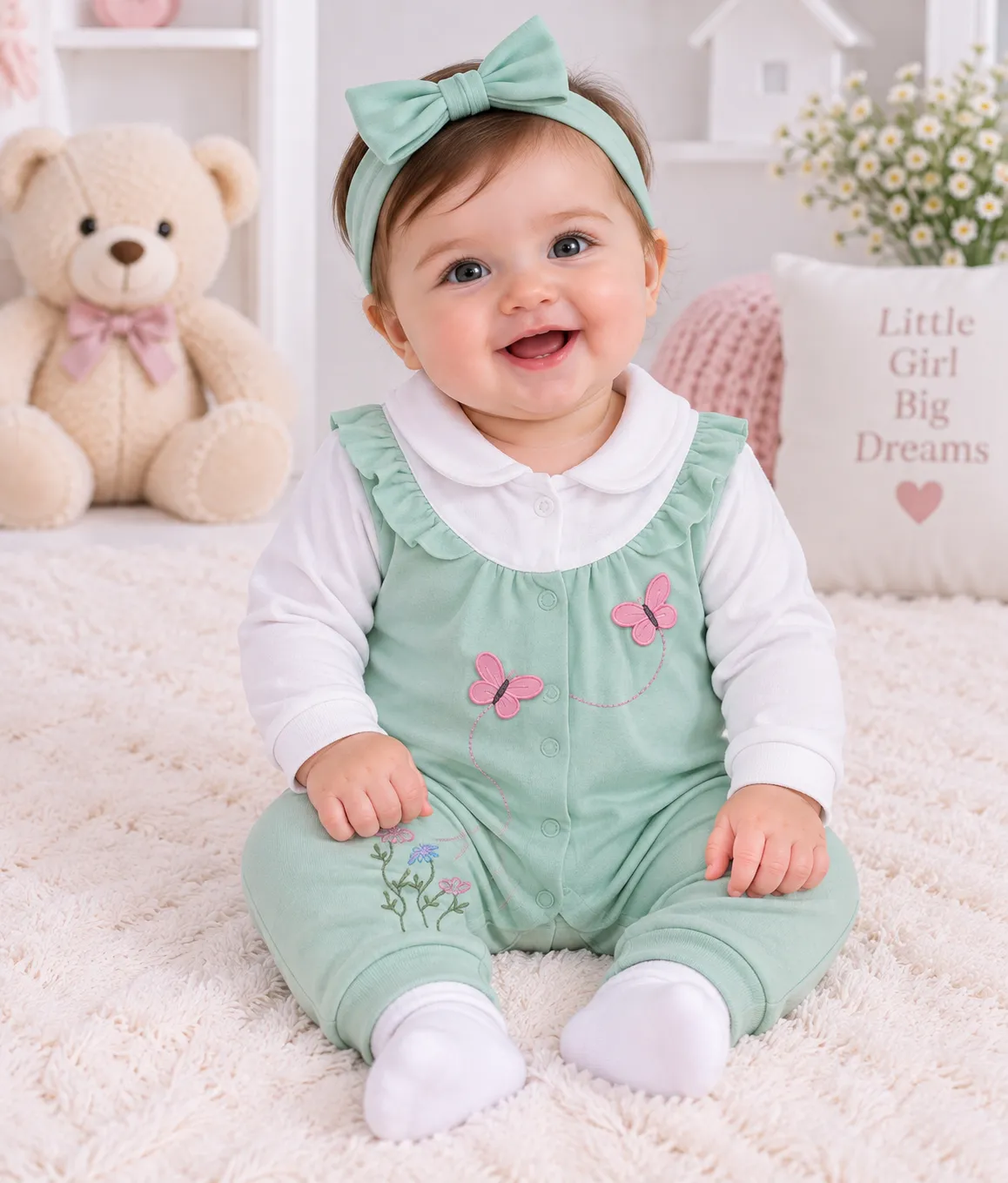 Kidex’s Baby Girls’ Long-Sleeve Butterfly Embroidered Romper – green& White