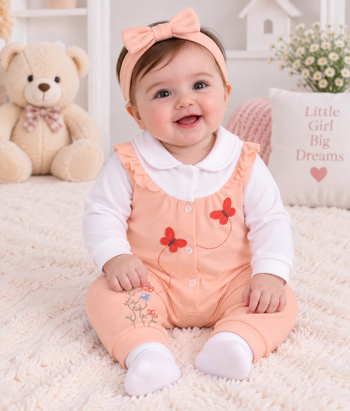 Kidex’s Baby Girls’ Long-Sleeve Butterfly Embroidered Romper – Orange & White color option