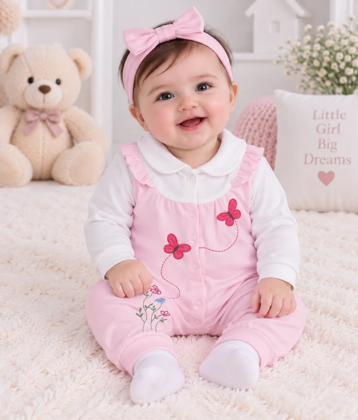 Kidex’s Baby Girls’ Long-Sleeve Butterfly Embroidered Romper – Pink & White