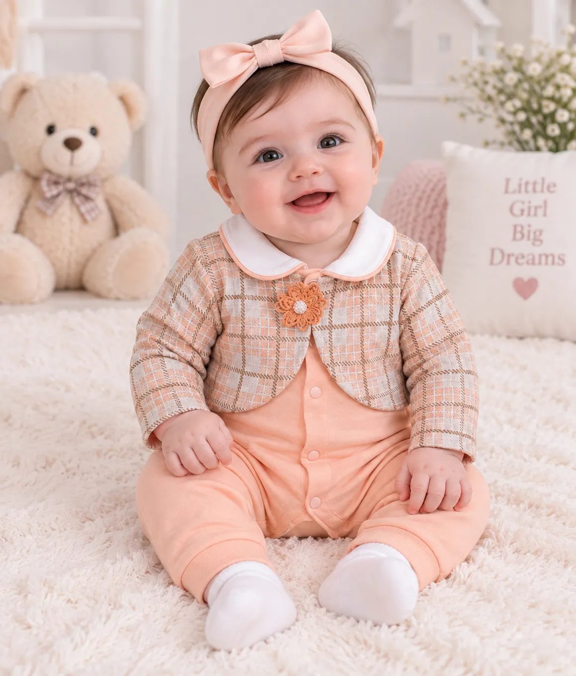 Kidex’s Baby Long-Sleeve Plaid Romper with Collar – Peach color option
