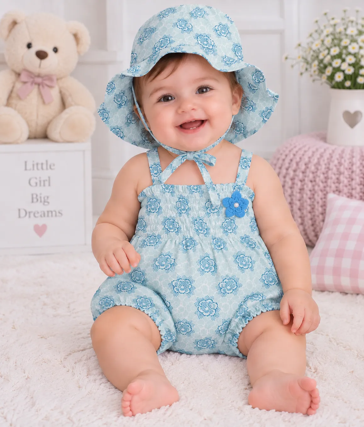 Kidex’s Baby Girls Floral Summer Romper with Matching Hat-green color option