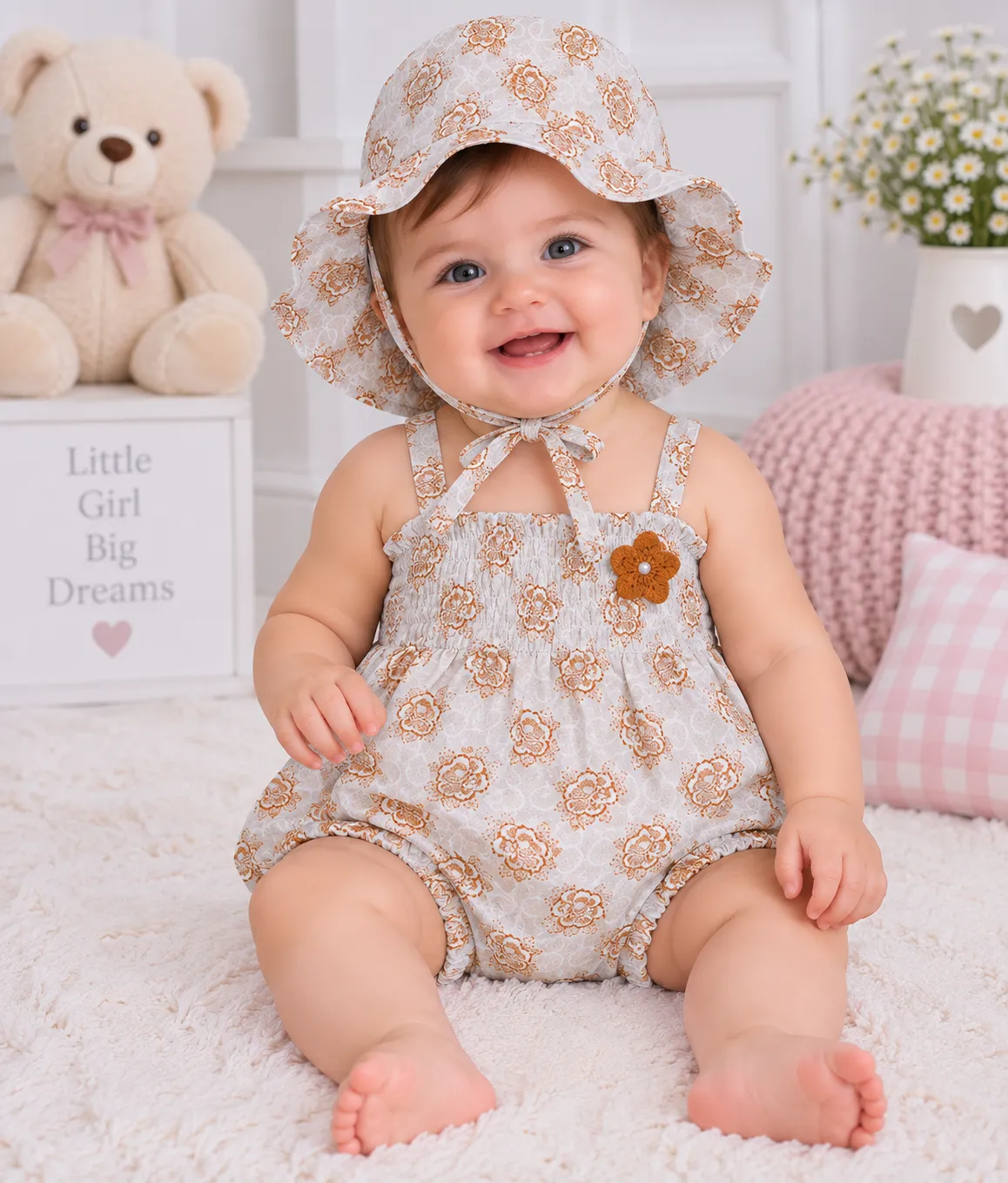 Kidex’s Baby Girls Floral Summer Romper with Matching Hat-Orange color option