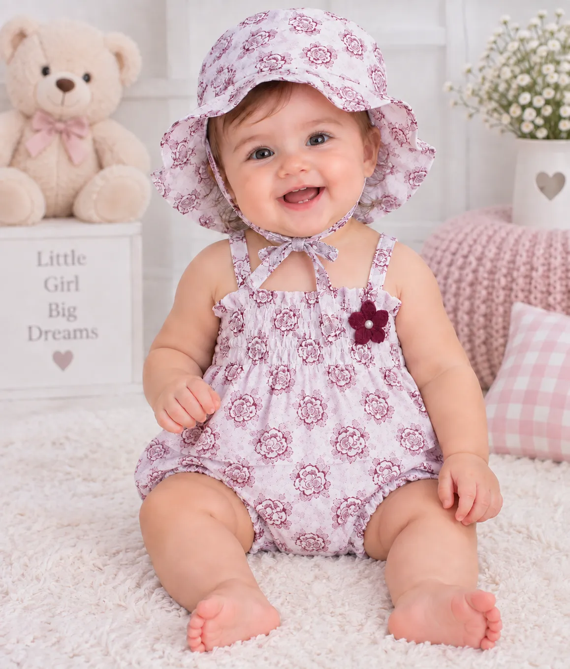 Kidex’s Baby Girls Floral Summer Romper with Matching Hat-purple