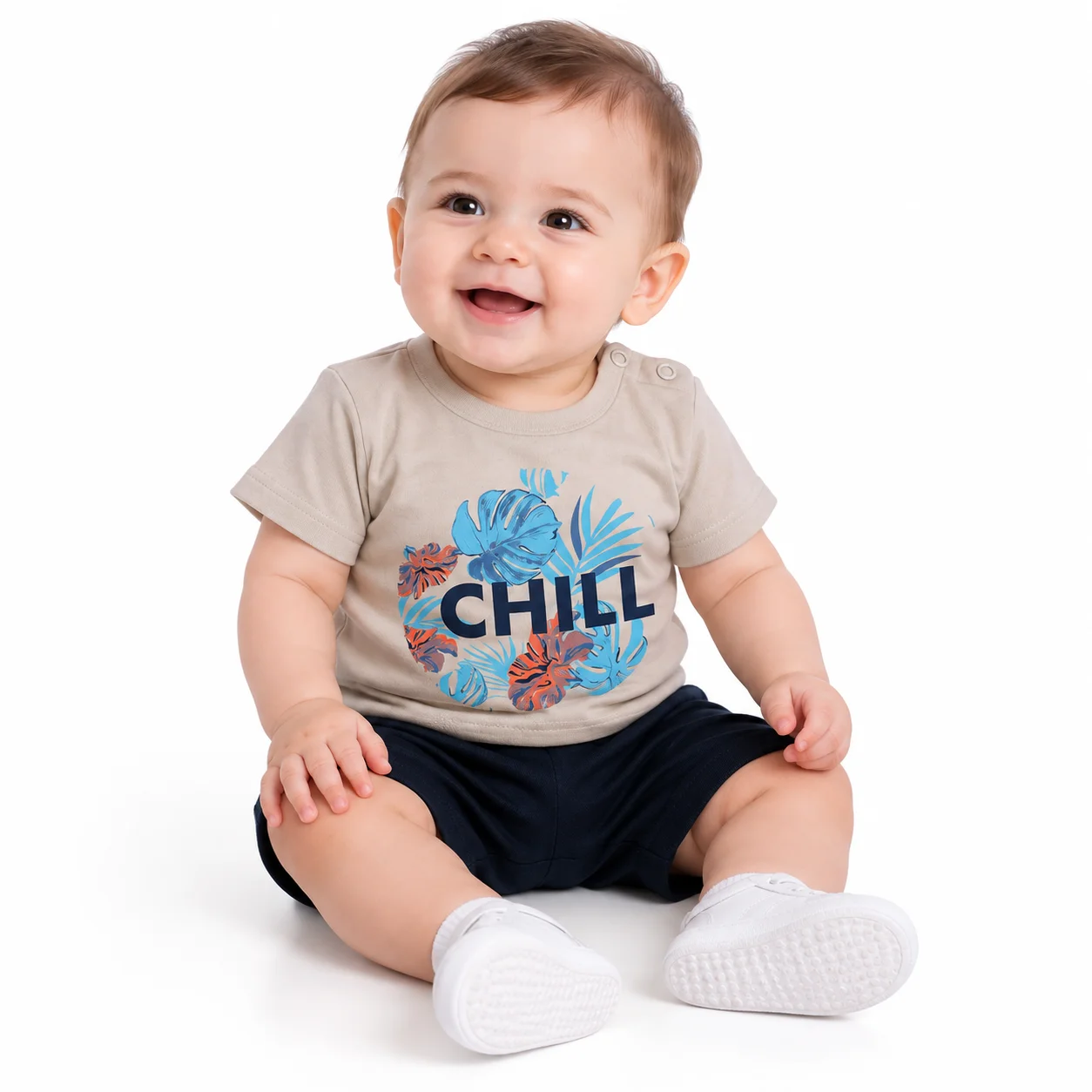 Kidex's Kids T-Shirt & Shorts Set + CHILL Print + Cotton + Beige & Navy / 2-Piece color option