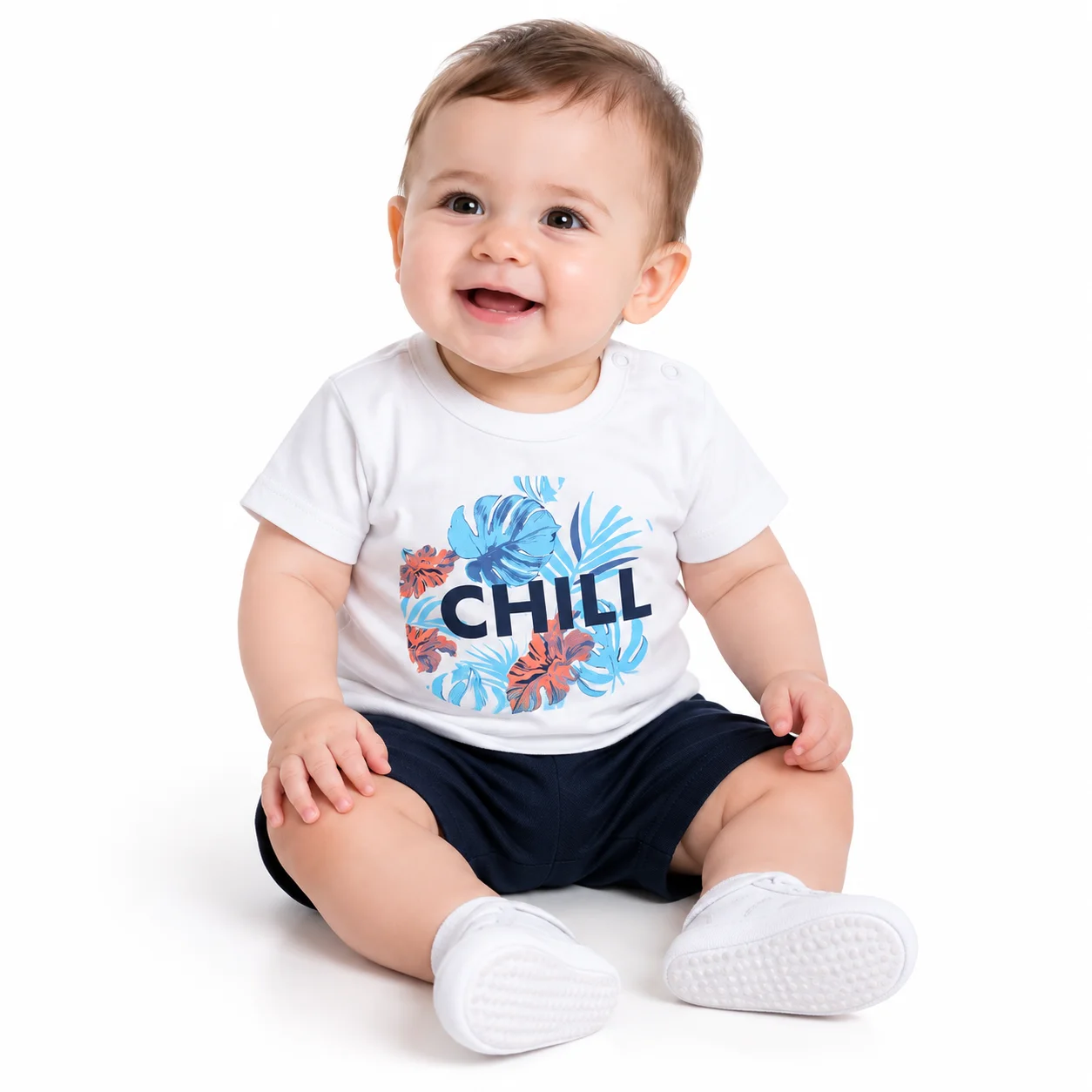 Kidex's Kids T-Shirt & Shorts Set + CHILL Print + Cotton + white& Navy / 2-Piece color option