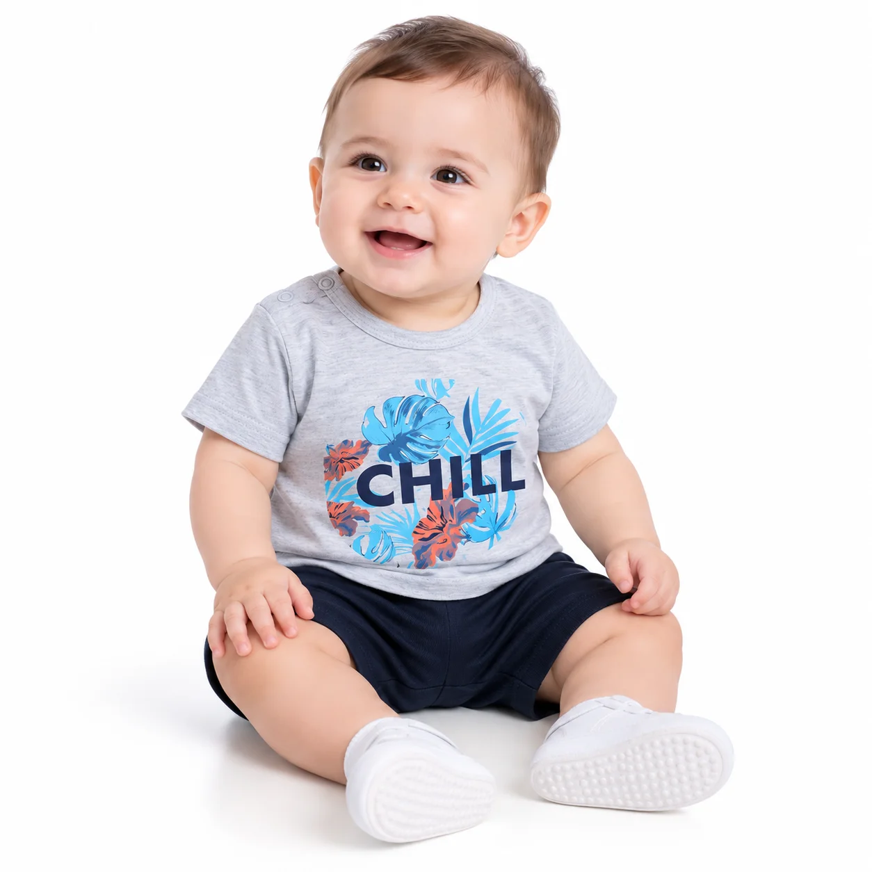 Kidex's Kids T-Shirt & Shorts Set + CHILL Print + Cotton + Gray & Navy / 2-Piece