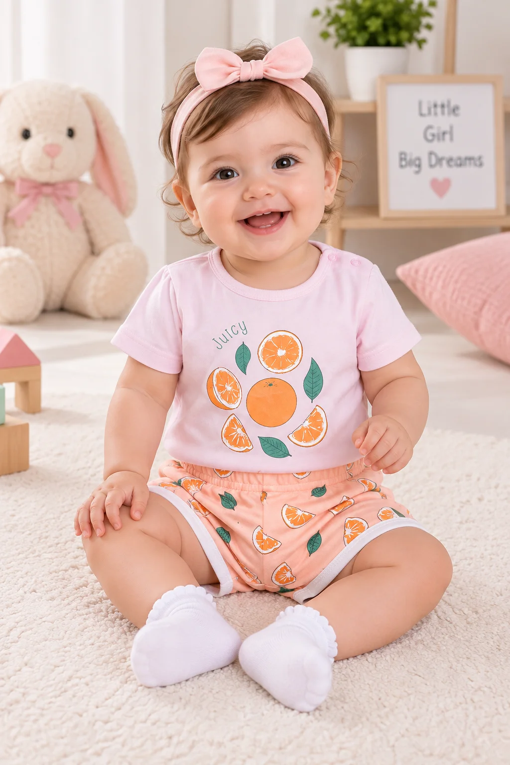 Kidex's Girls’ 2-Piece Orange Print T-Shirt & Shorts Set – pink & Peach color option