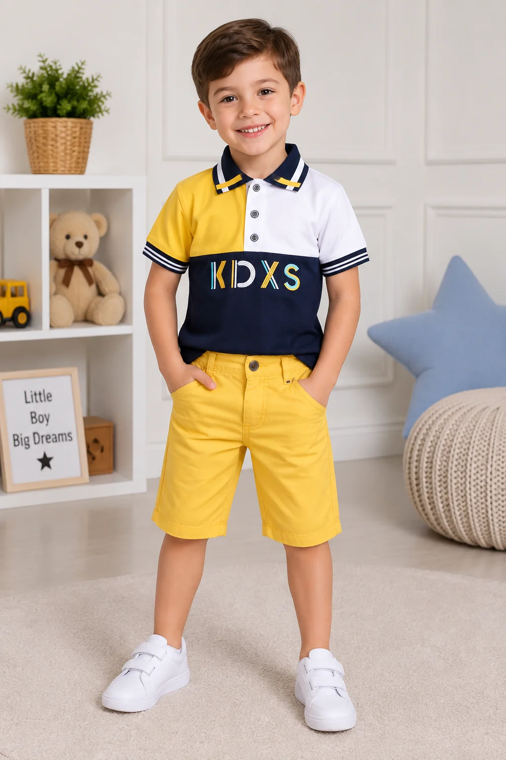 Kidex's Boys’ Color Block Polo Shirt & Shorts Set – yellow , White & yellow color option