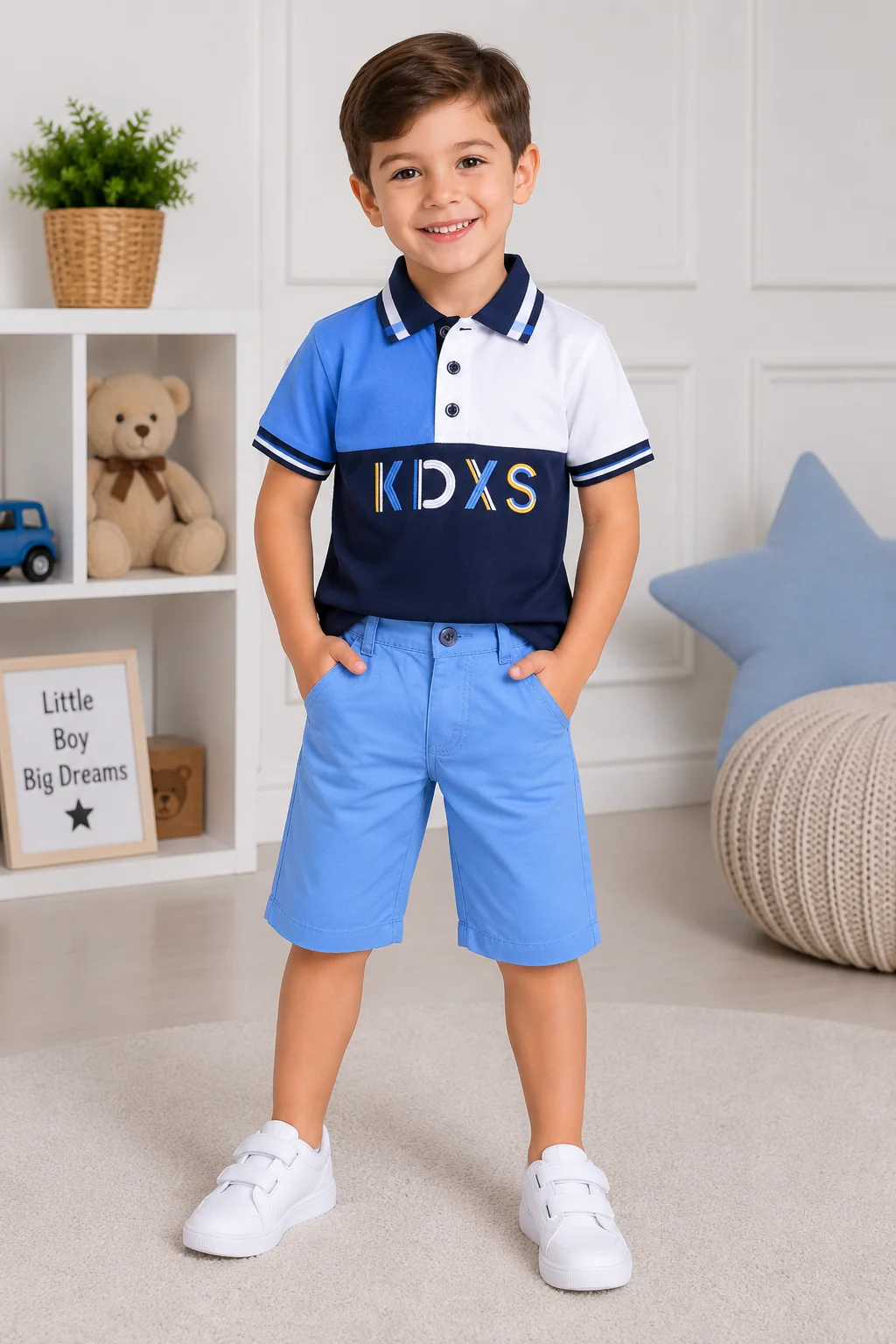 Kidex's Boys’ Color Block Polo Shirt & Shorts Set – blue , White & blue