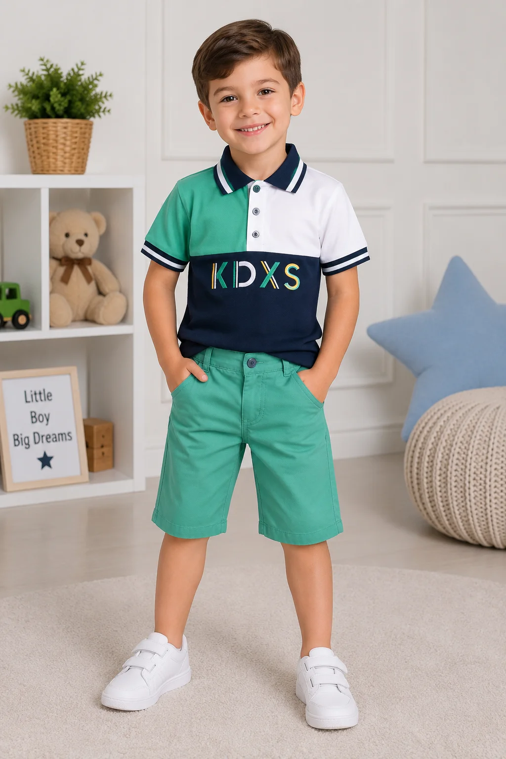 Kidex's Boys’ Color Block Polo Shirt & Shorts Set – green, White & green color option