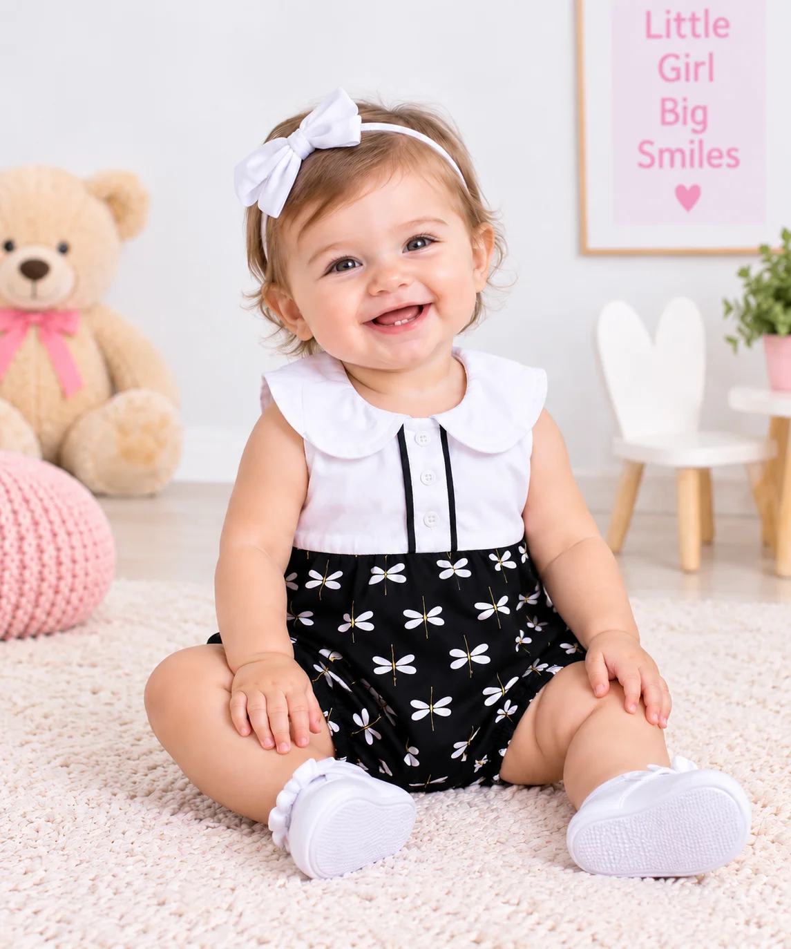 Kidex’s Baby Girls Sleeveless Dragonfly Print Romper – White & black color option