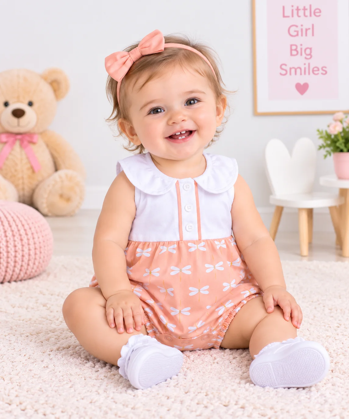 Kidex’s Baby Girls Sleeveless Dragonfly Print Romper – White & Peach