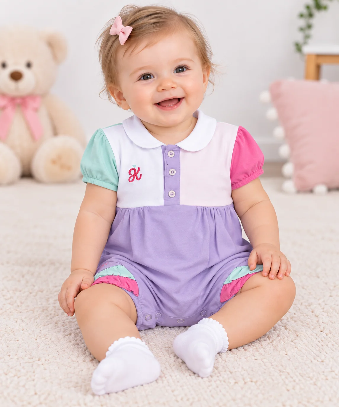 Kidex’s Baby Girls Color Block Short-Sleeve Romper – Lilac, White, Mint & Pink color option