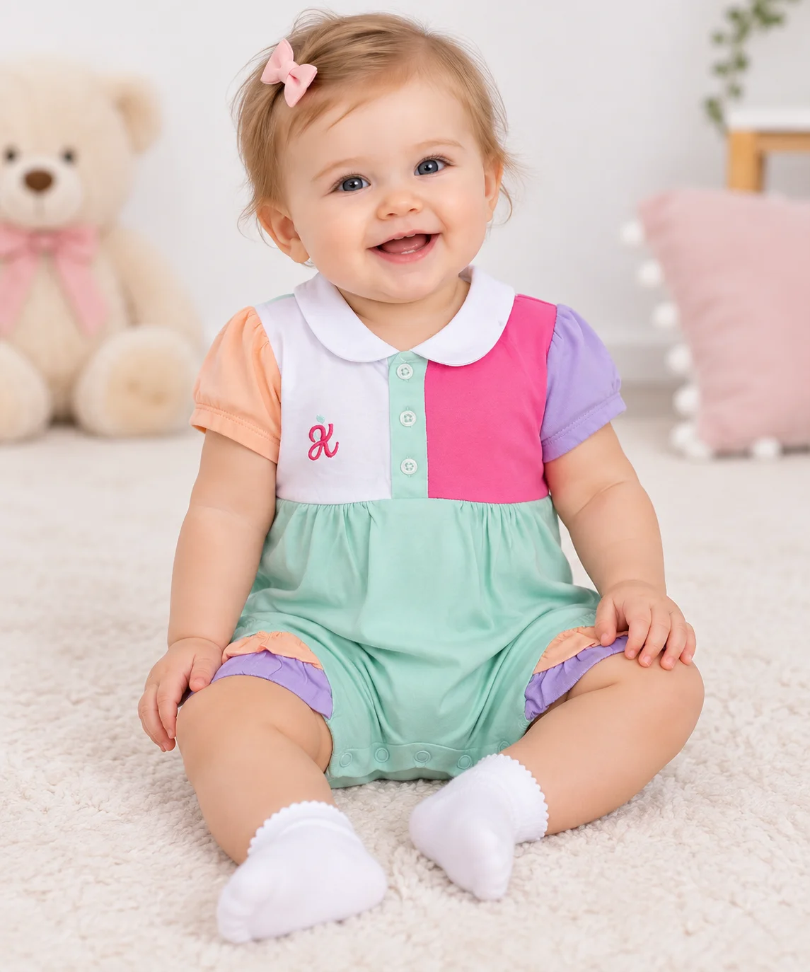 Kidex’s Baby Girls Color Block Short-Sleeve Romper – Mint Green, Pink, White & Lilac color option