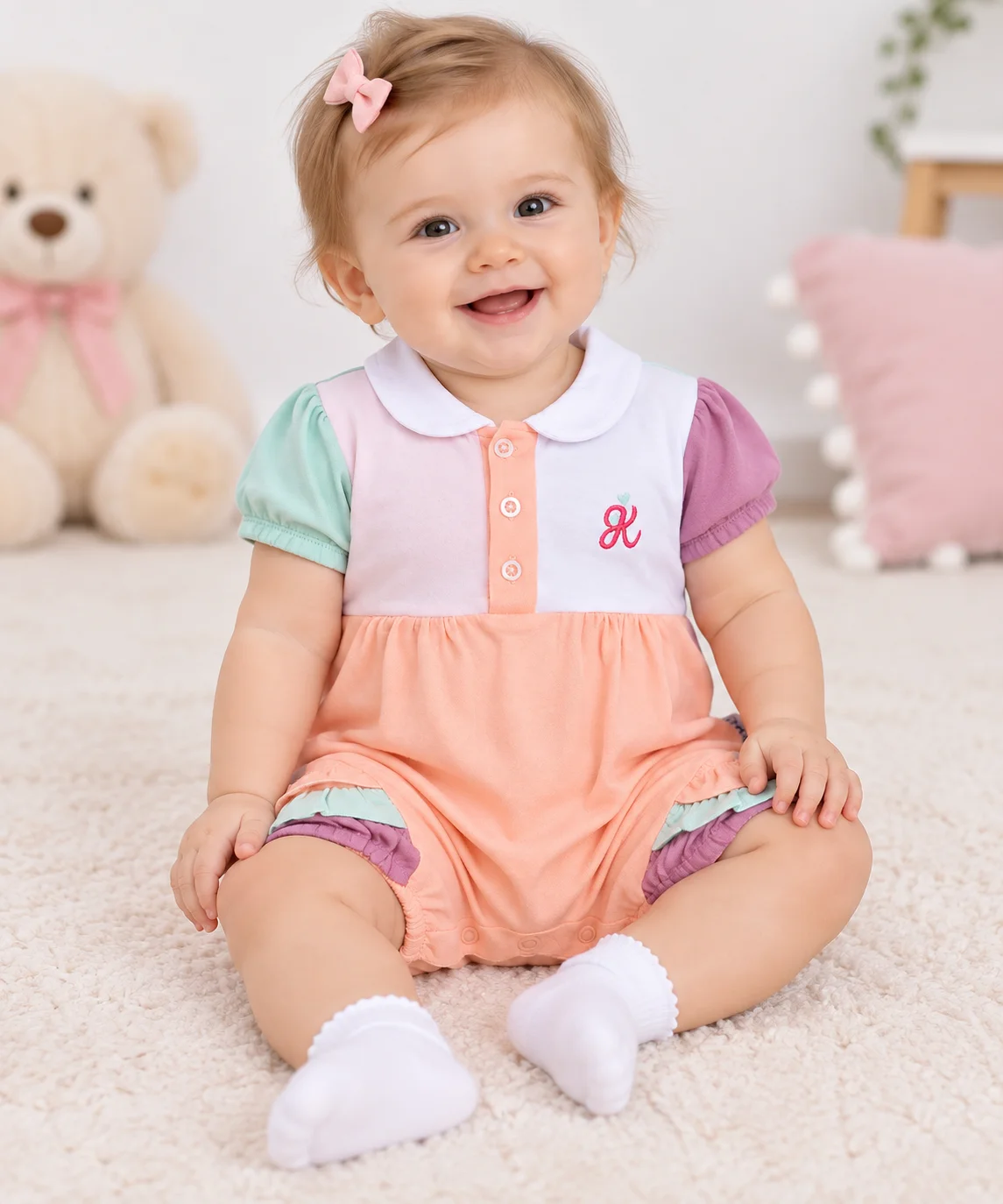 Kidex’s Baby Girls Color Block Short-Sleeve Romper – Peach, White, Mint & Mauve color option