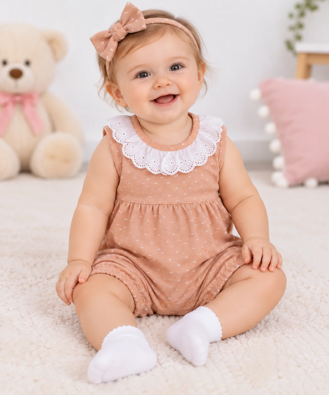 Kidex’s Baby Girls Sleeveless Dotted Romper with Lace Collar – peach color option