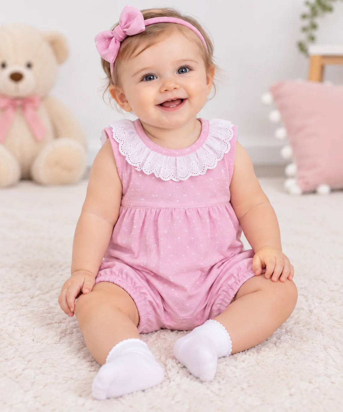 Kidex’s Baby Girls Sleeveless Dotted Romper with Lace Collar – pink color option